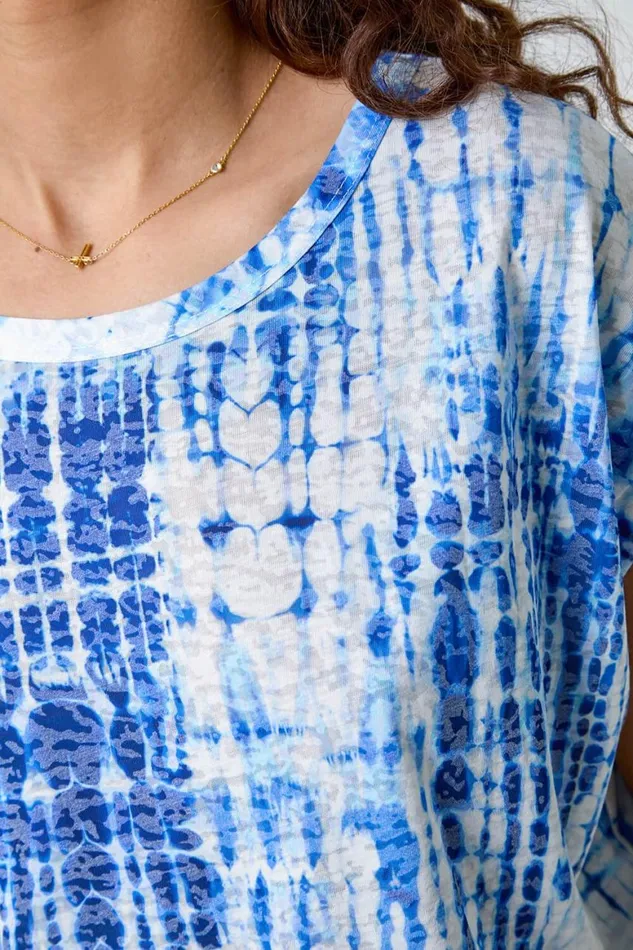 Women Blue Textured Tie Dye Cocoon Top Roman Tops