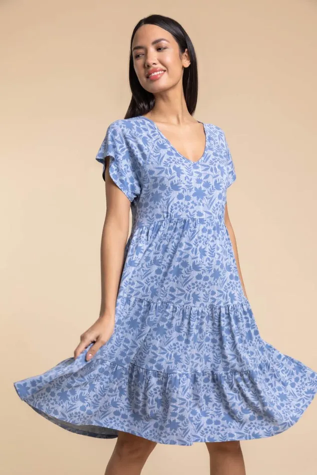 Women Blue Tiered Floral Print Stretch Dress Roman Dresses