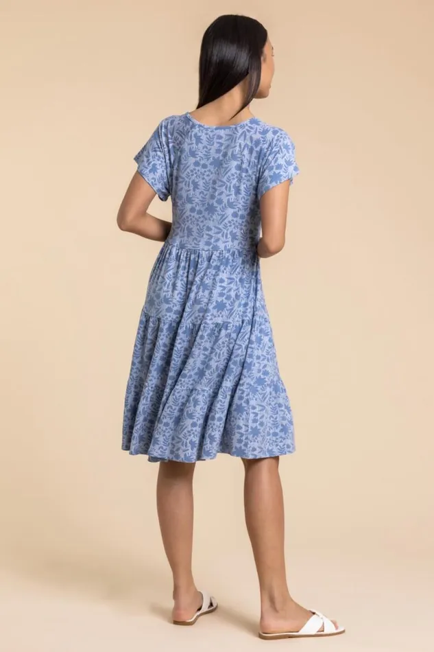 Women Blue Tiered Floral Print Stretch Dress Roman Dresses
