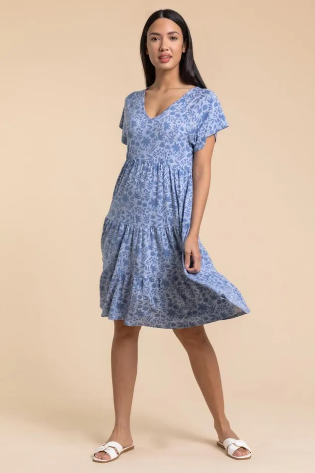 Women Blue Tiered Floral Print Stretch Dress Roman Dresses