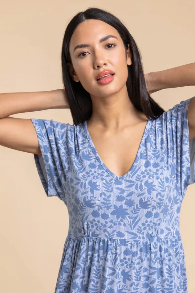 Women Blue Tiered Floral Print Stretch Dress Roman Dresses