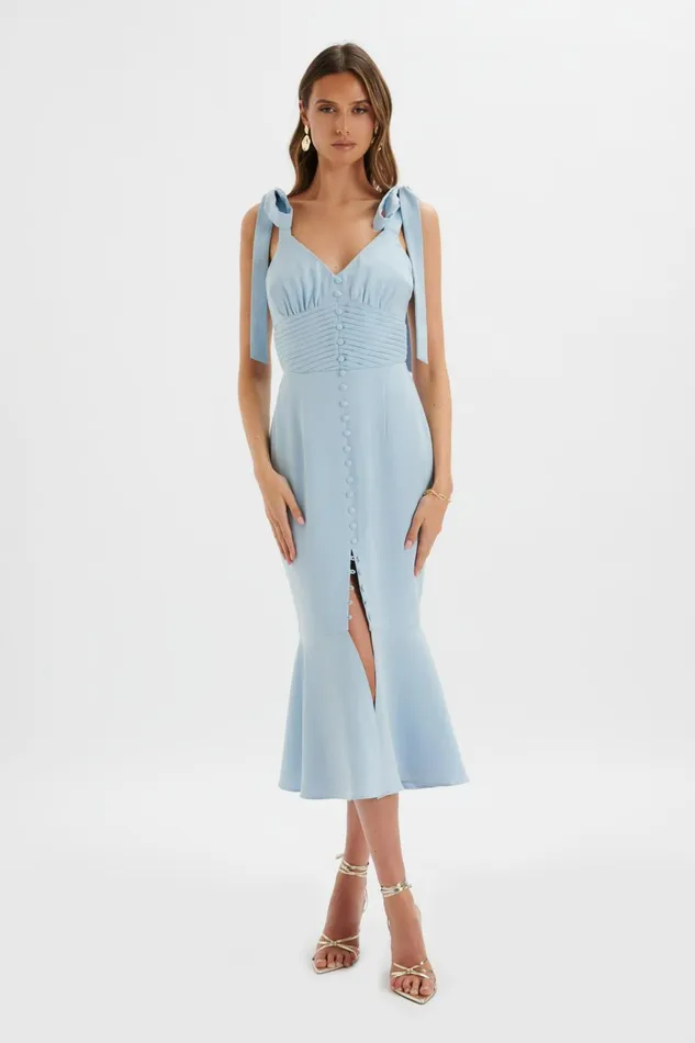 Women Bodycon Dresses Lavish Alice KAMILA Tie Strap Micro Button Midi Dress In Deep Corn Flower Blue Deep Corn Flower Blue