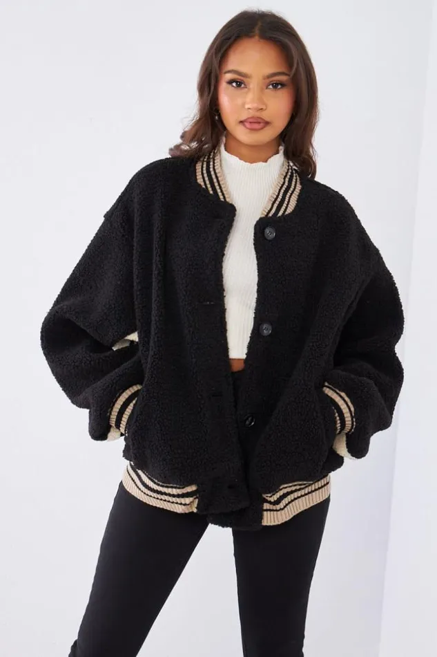 Women Bomber Noir En Peau De Mouton Bicolor Black Brentiny Paris Jackets