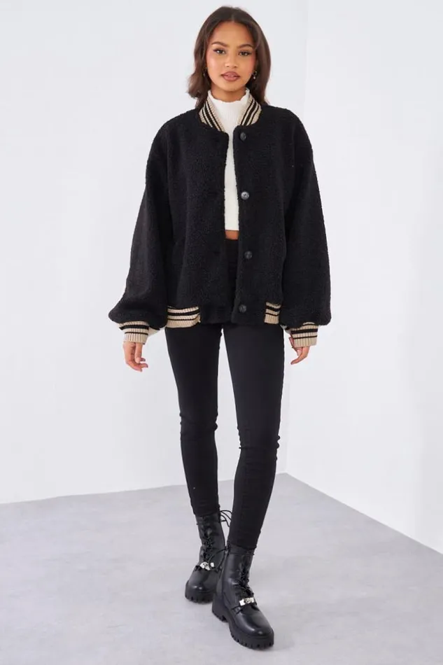 Women Bomber Noir En Peau De Mouton Bicolor Black Brentiny Paris Jackets