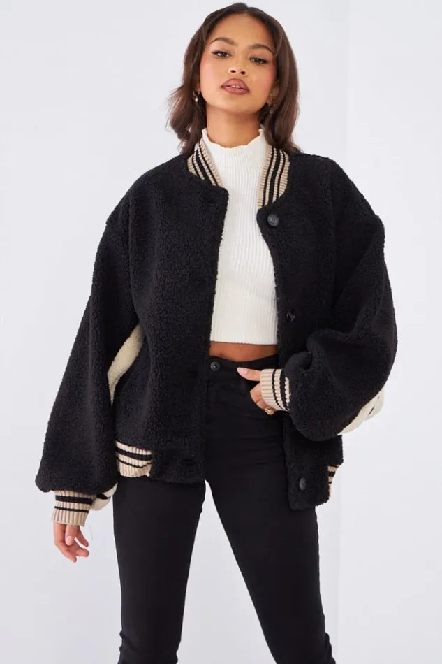 Women Bomber Noir En Peau De Mouton Bicolor Black Brentiny Paris Jackets