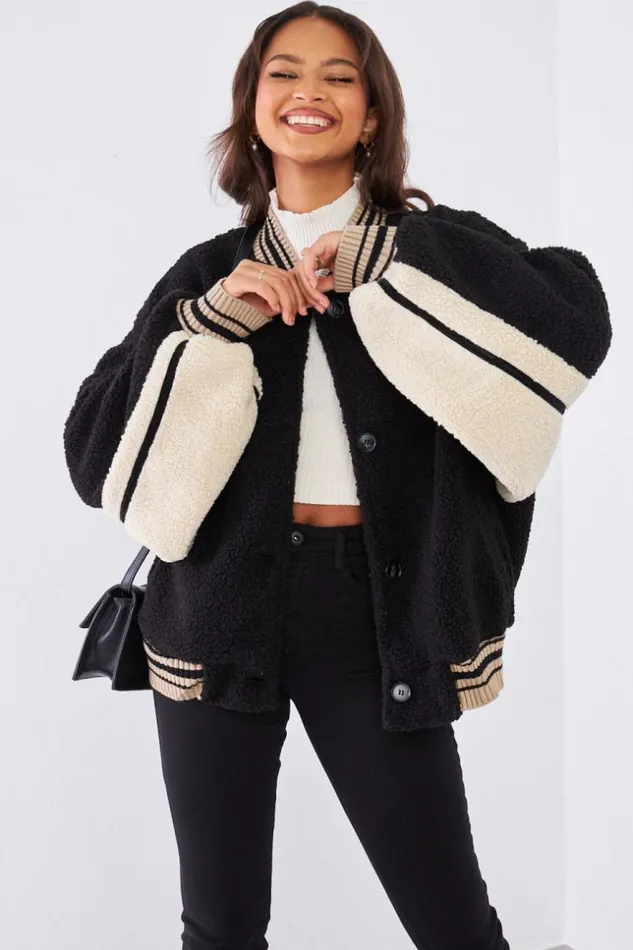 Women Bomber Noir En Peau De Mouton Bicolor Black Brentiny Paris Jackets