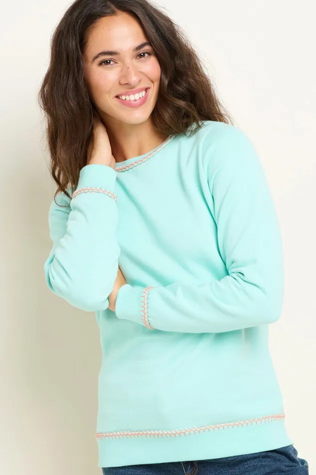 Women Brakeburn Sweatshirts And Hoodies Turquoise Blanket Stitch Crew Neck Sweatshirt