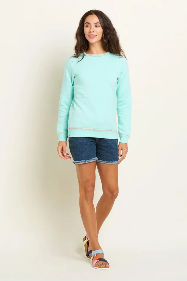 Women Brakeburn Sweatshirts And Hoodies Turquoise Blanket Stitch Crew Neck Sweatshirt