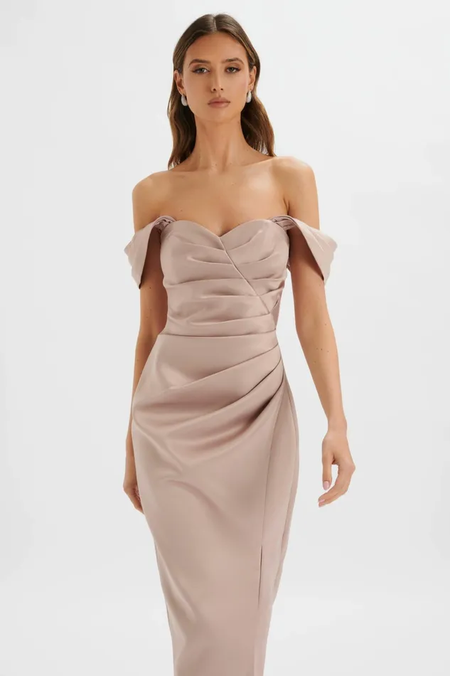 Women Bridesmaid Lavish Alice KAITLIN Bonded Satin Off Shoulder Maxi Dress In Mink Mink Women Bridesmaid Lavish Alice KAITLIN Bonded Satin Off Shoulder Maxi Dress In Mink Mink