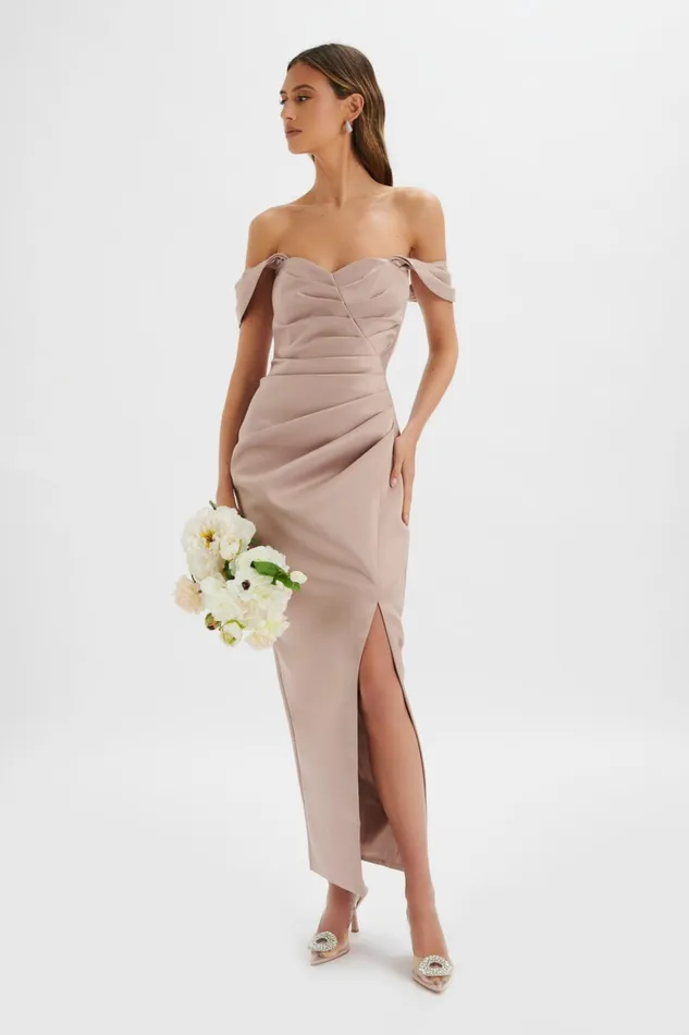 Women Bridesmaid Lavish Alice KAITLIN Bonded Satin Off Shoulder Maxi Dress In Mink Mink