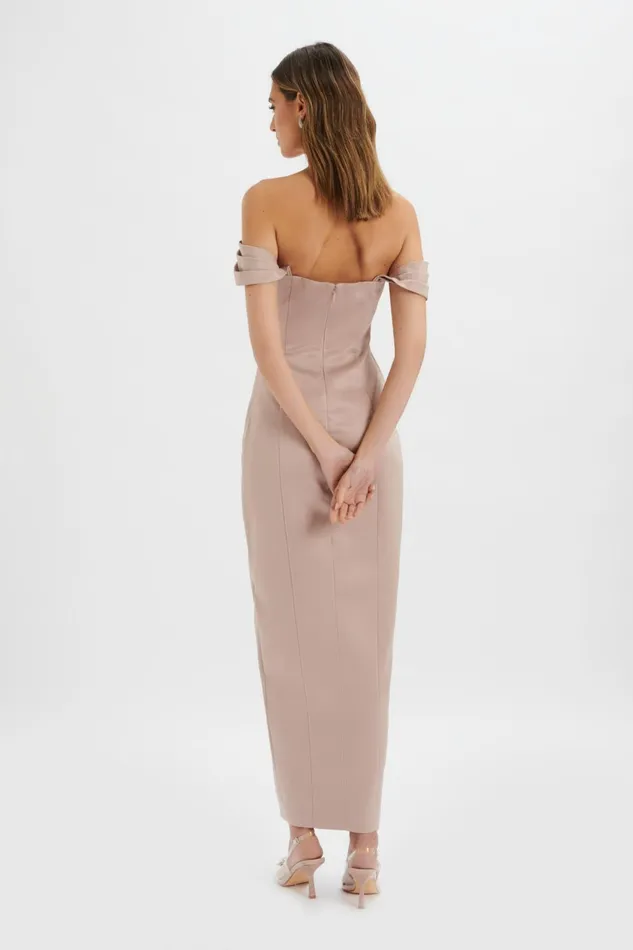 Women Bridesmaid Lavish Alice KAITLIN Bonded Satin Off Shoulder Maxi Dress In Mink Mink