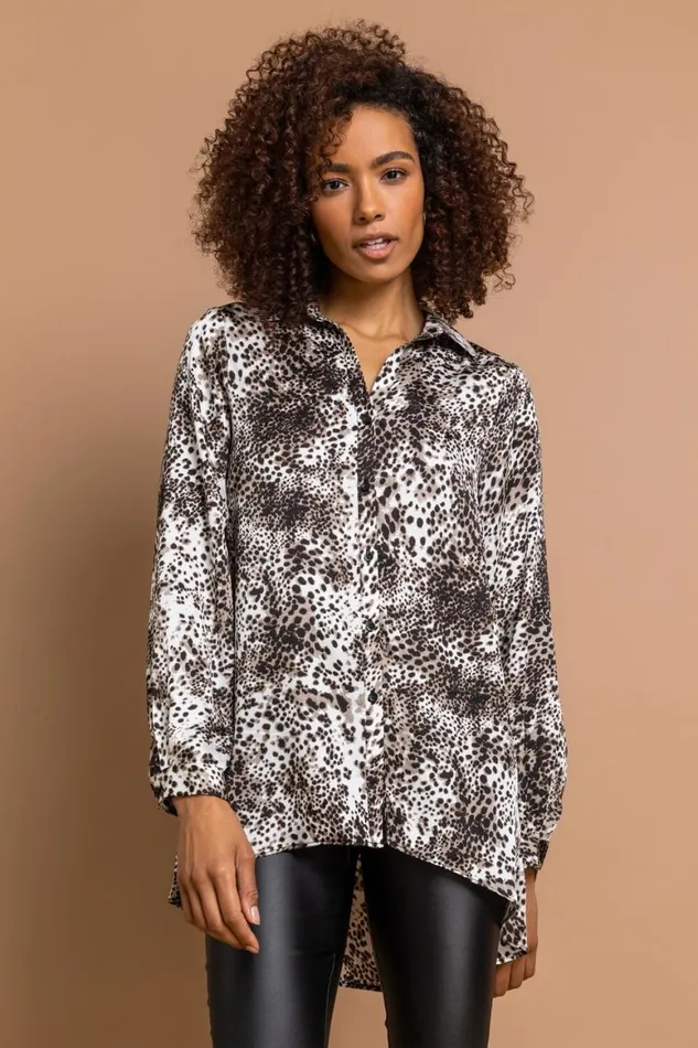 Women Brown Animal Dropped Hem Shirt Roman Tops
