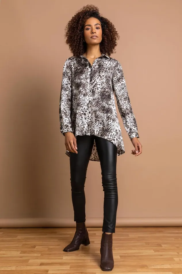 Women Brown Animal Dropped Hem Shirt Roman Tops