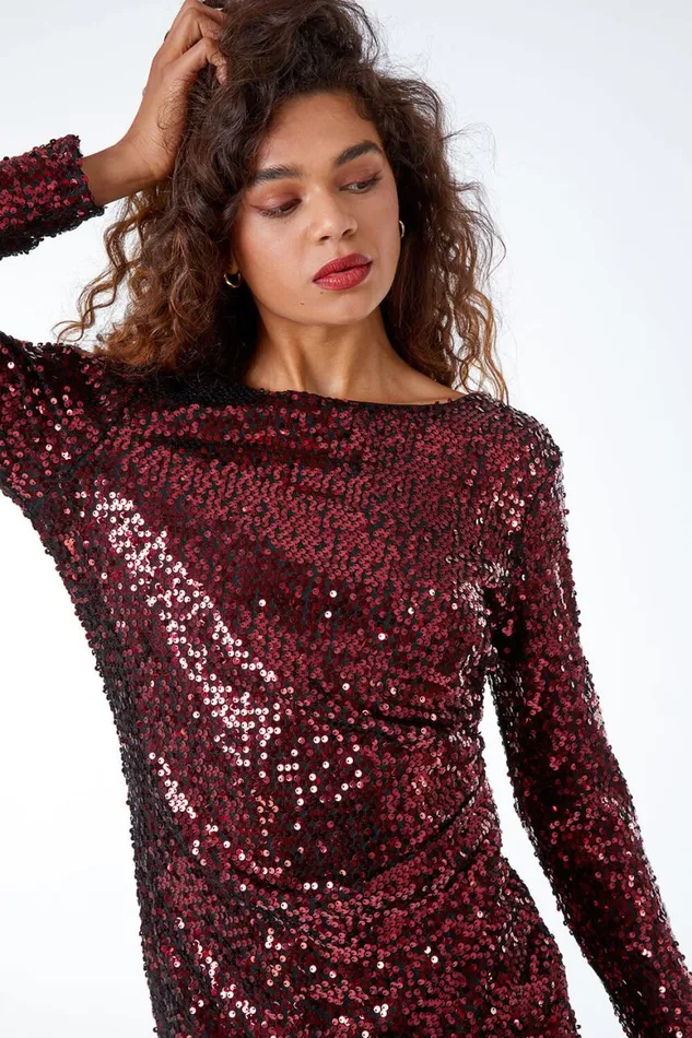 Women Burgundy Ruched Waist Sequin Dress Roman Dresses