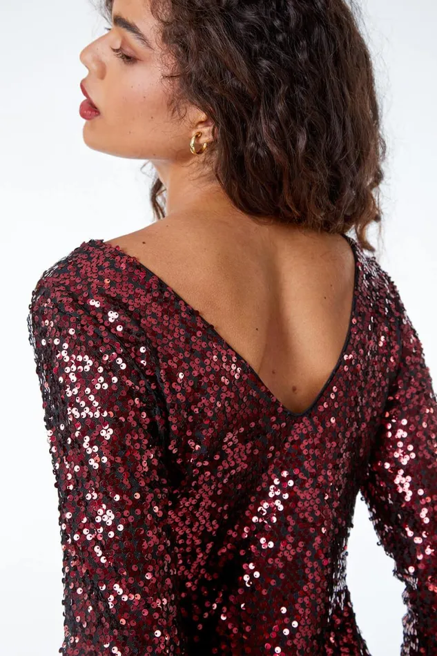 Women Burgundy Ruched Waist Sequin Dress Roman Dresses