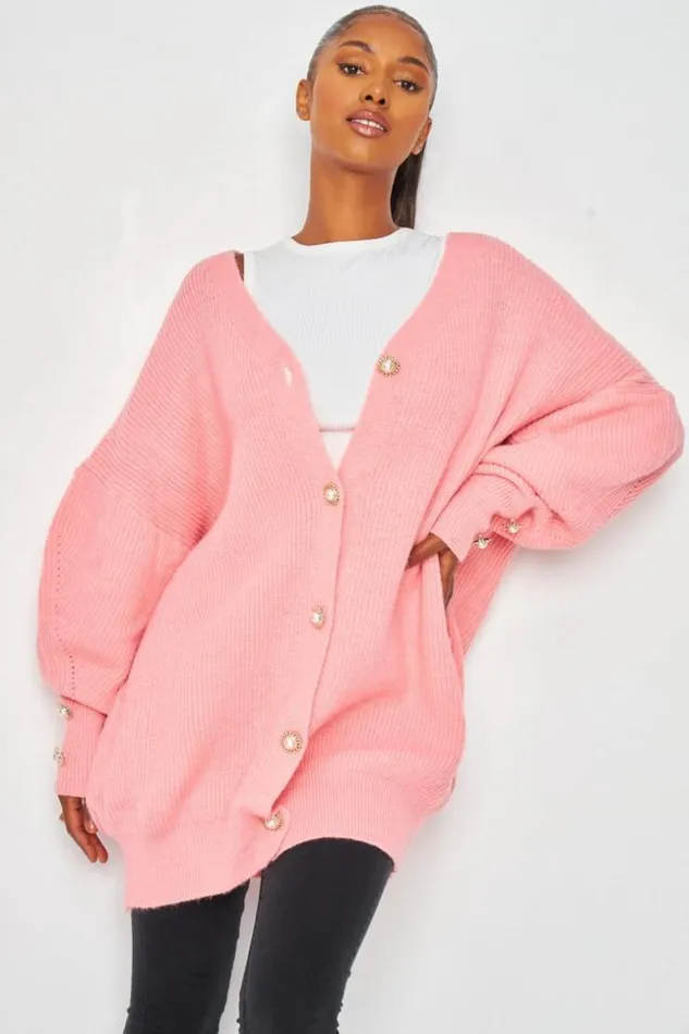 Women Button Front Balloon Sleeve Cardigan In Pink Pink Brentiny Paris Cardigans