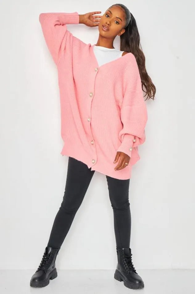 Women Button Front Balloon Sleeve Cardigan In Pink Pink Brentiny Paris Cardigans