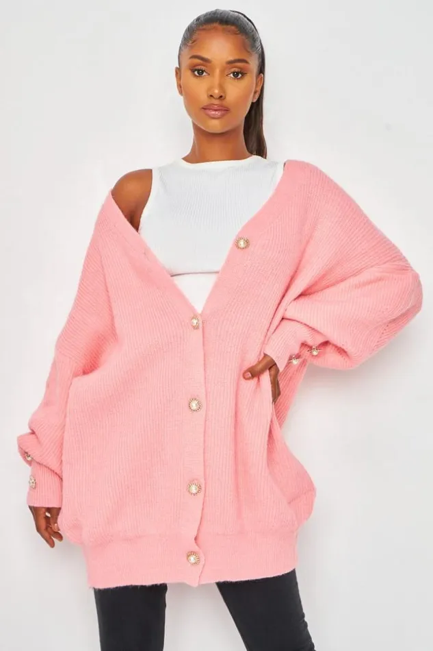 Women Button Front Balloon Sleeve Cardigan In Pink Pink Brentiny Paris Cardigans