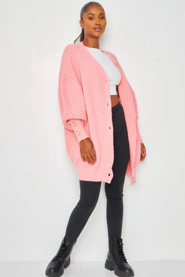 Women Button Front Balloon Sleeve Cardigan In Pink Pink Brentiny Paris Cardigans