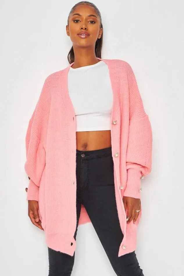 Women Button Front Balloon Sleeve Cardigan In Pink Pink Brentiny Paris Cardigans