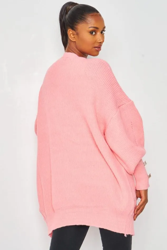 Women Button Front Balloon Sleeve Cardigan In Pink Pink Brentiny Paris Cardigans