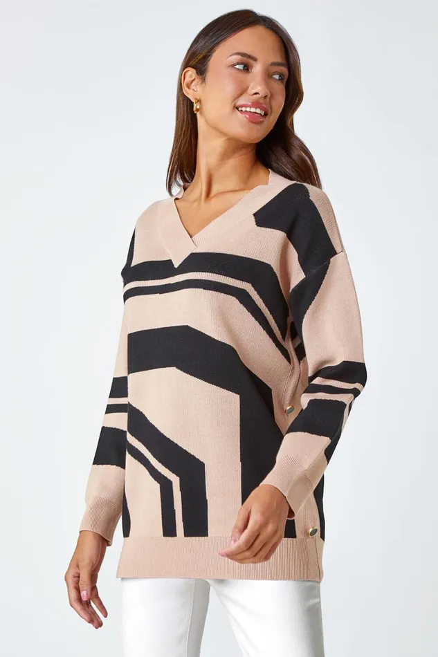 Women Camel Abstract Print Button Detail Longline Jumper Roman Knitwear