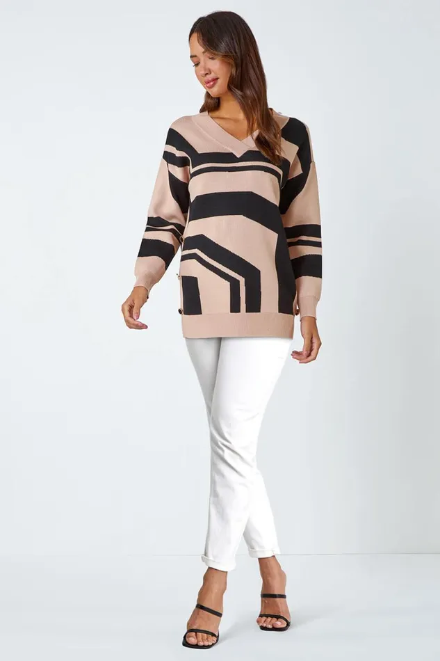 Women Camel Abstract Print Button Detail Longline Jumper Roman Knitwear