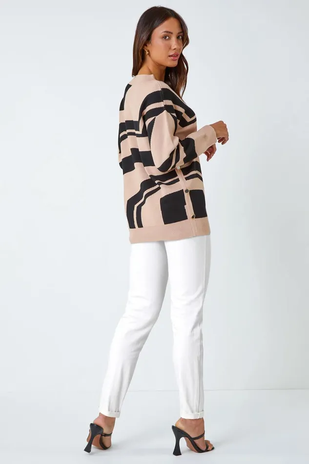 Women Camel Abstract Print Button Detail Longline Jumper Roman Knitwear