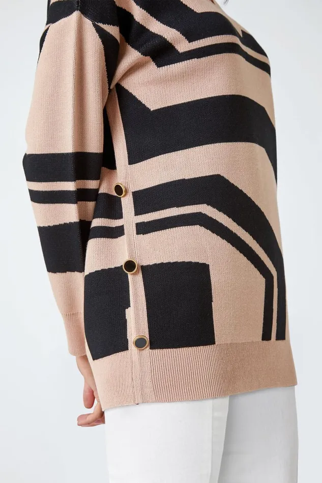 Women Camel Abstract Print Button Detail Longline Jumper Roman Knitwear