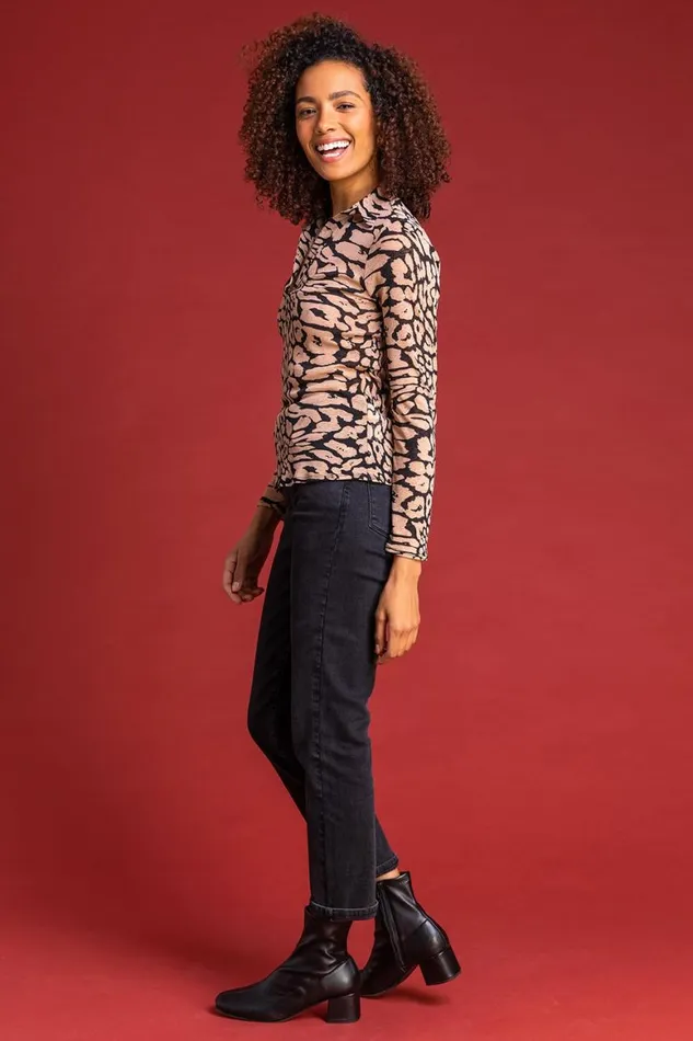 Women Camel Animal Print Long Sleeve Top Roman Tops