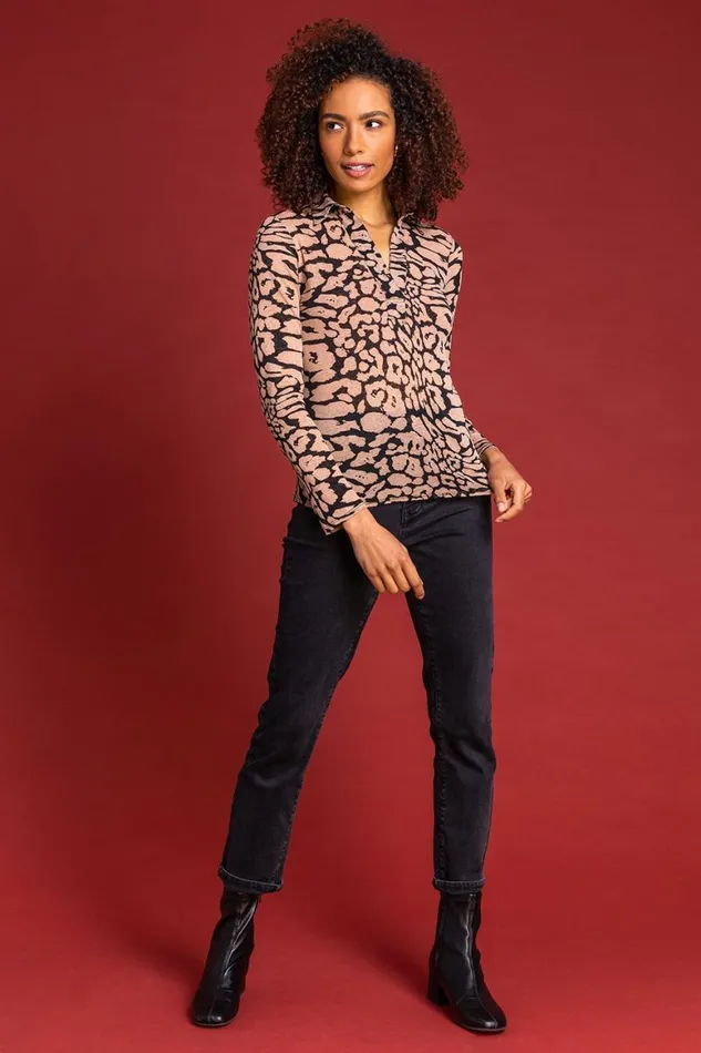 Women Camel Animal Print Long Sleeve Top Roman Tops
