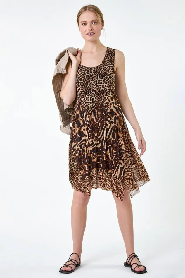 Women Camel Animal Print Stretch Mesh Dress Roman Dresses