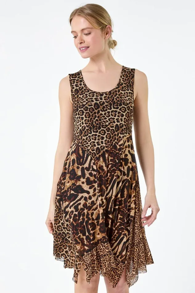 Women Camel Animal Print Stretch Mesh Dress Roman Dresses