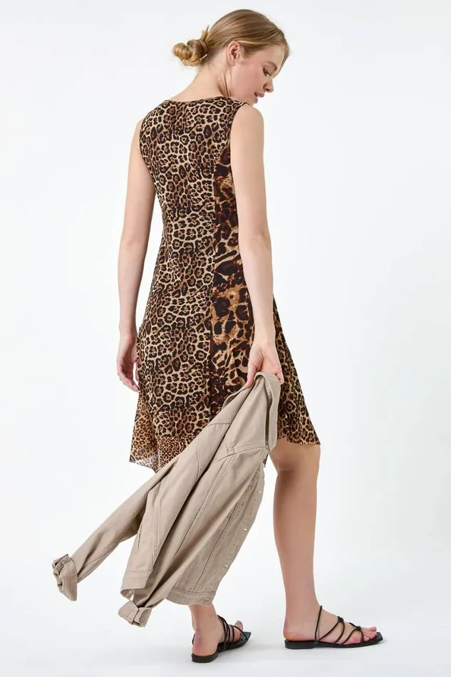 Women Camel Animal Print Stretch Mesh Dress Roman Dresses