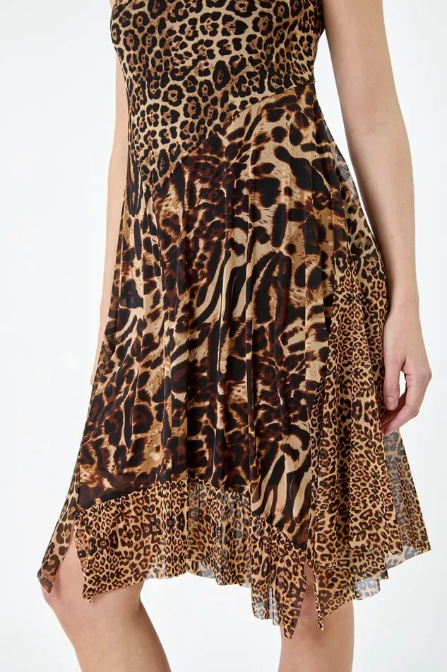 Women Camel Animal Print Stretch Mesh Dress Roman Dresses