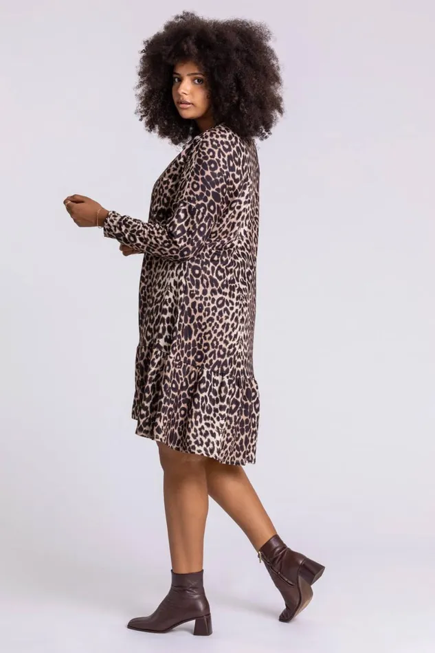 Women Camel Curve Leopard Print Frilled Dress Roman Dresses