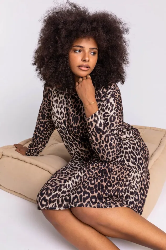 Women Camel Curve Leopard Print Frilled Dress Roman Dresses