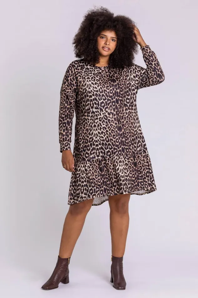Women Camel Curve Leopard Print Frilled Dress Roman Dresses