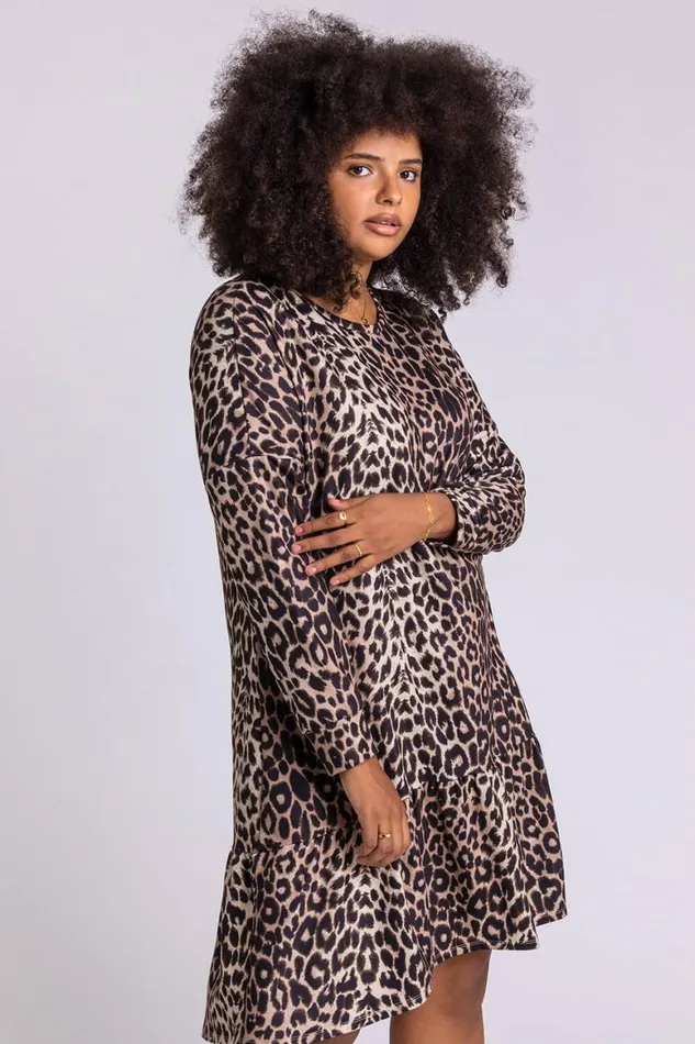 Women Camel Curve Leopard Print Frilled Dress Roman Dresses