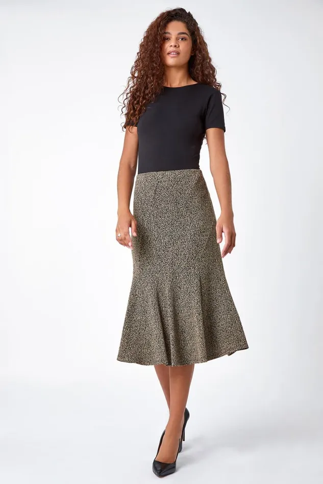 Women Camel Flared Textured Midi Elastic Waist Skirt Roman Skirts