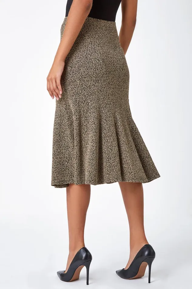 Women Camel Flared Textured Midi Elastic Waist Skirt Roman Skirts