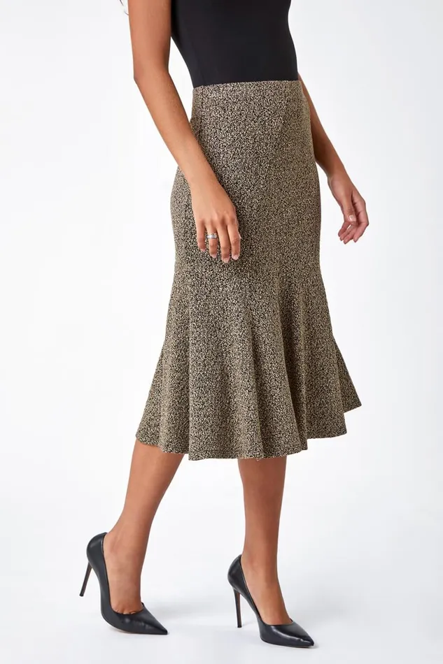 Women Camel Flared Textured Midi Elastic Waist Skirt Roman Skirts