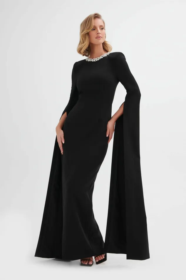 Women Cape Dresses Lavish Alice KELLY Cape Sleeve Maxi Dress In Black Black