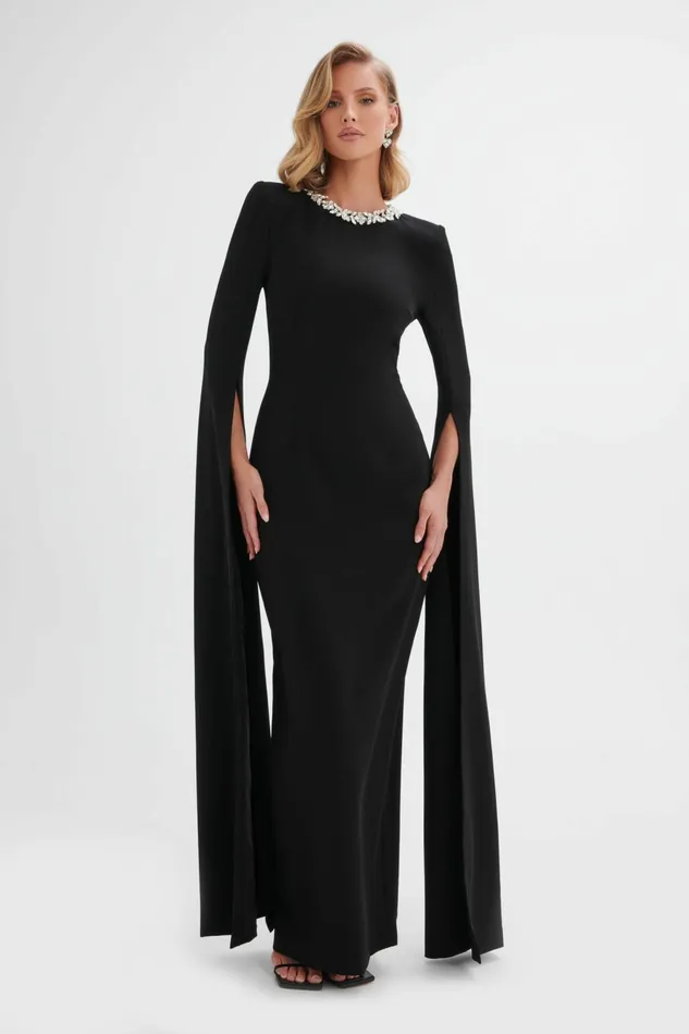 Women Cape Dresses Lavish Alice KELLY Cape Sleeve Maxi Dress In Black Black