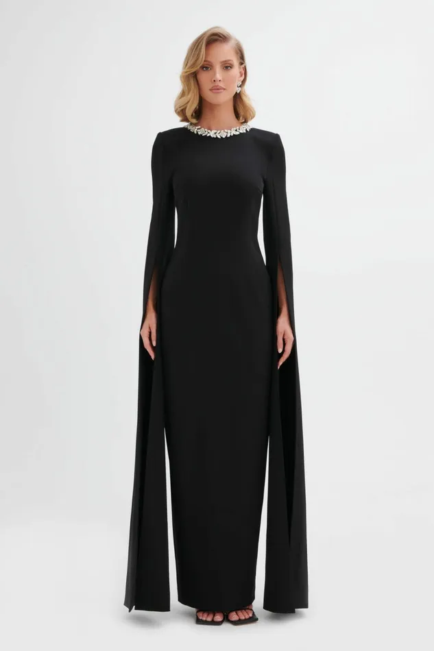 Women Cape Dresses Lavish Alice KELLY Cape Sleeve Maxi Dress In Black Black