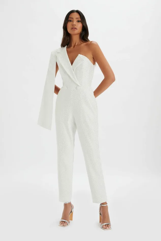 Women Cape Dresses Lavish Alice MISCHA Crystal Embellished One Shoulder Cape Jumpsuit In White White Women Cape Dresses Lavish Alice MISCHA Crystal Embellished One Shoulder Cape Jumpsuit In White White