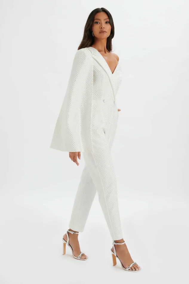 Women Cape Dresses Lavish Alice MISCHA Crystal Embellished One Shoulder Cape Jumpsuit In White White