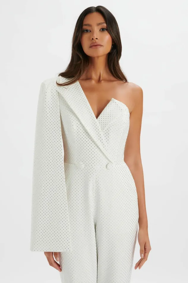 Women Cape Dresses Lavish Alice MISCHA Crystal Embellished One Shoulder Cape Jumpsuit In White White
