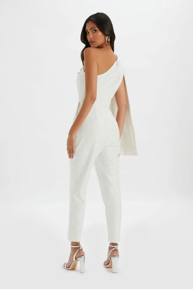 Women Cape Dresses Lavish Alice MISCHA Crystal Embellished One Shoulder Cape Jumpsuit In White White