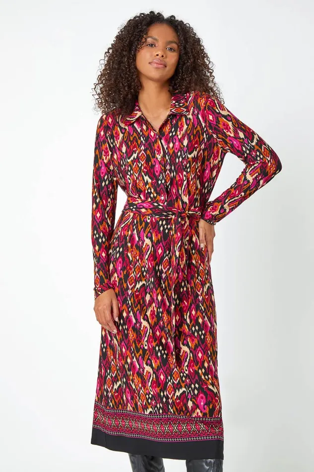 Women Cerise Aztec Print Midi Stretch Shirt Dress Roman Dresses